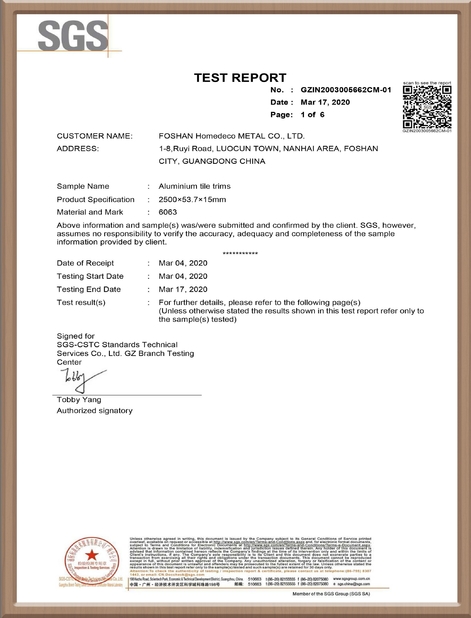 Chine Foshan Homedeco Metal Co., Ltd. certifications